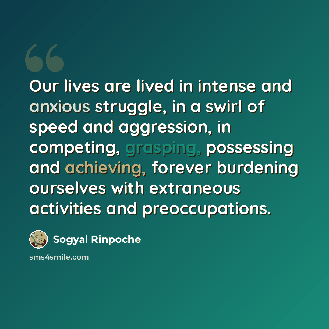 “Our lives are lived in intense and anxious struggle, in a swirl of speed and aggression, in competing, grasping, possessing and achieving, forever burdening ourselves with extraneous activities and preoccupations.” quote by Sogyal Rinpoche
