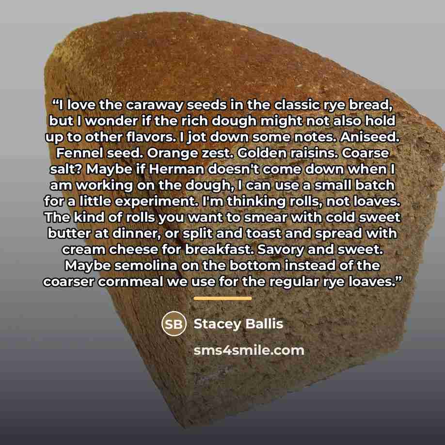 “I love the caraway seeds in the classic rye bread, but I wonder if the rich dough might not also hold up to other flavors. I jot down some notes. Aniseed. Fennel seed. Orange zest. Golden raisins. Coarse salt? Maybe if Herman doesn't come down when I am working on the dough, I can use a small…” quote by Stacey Ballis