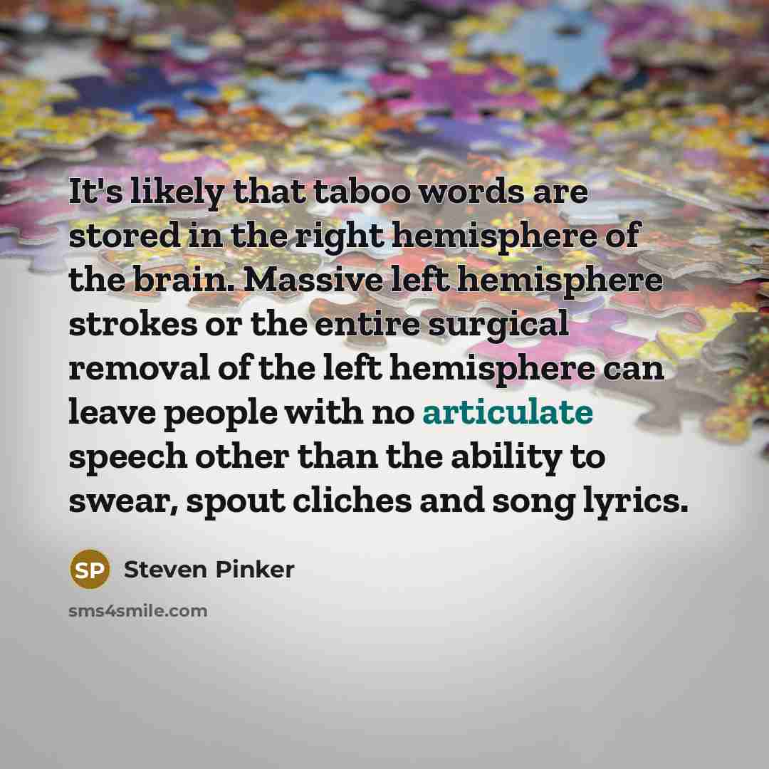 “It's likely that taboo words are stored in the right hemisphere of the brain. Massive left hemisphere strokes or the entire surgical removal of the left hemisphere can leave people with no articulate speech other than the ability to swear, spout cliches and song lyrics.” quote by Steven Pinker