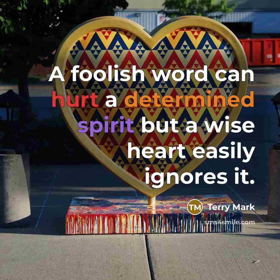 “A foolish word can hurt a determined spirit but a wise heart easily ignores it.” quote by Terry Mark