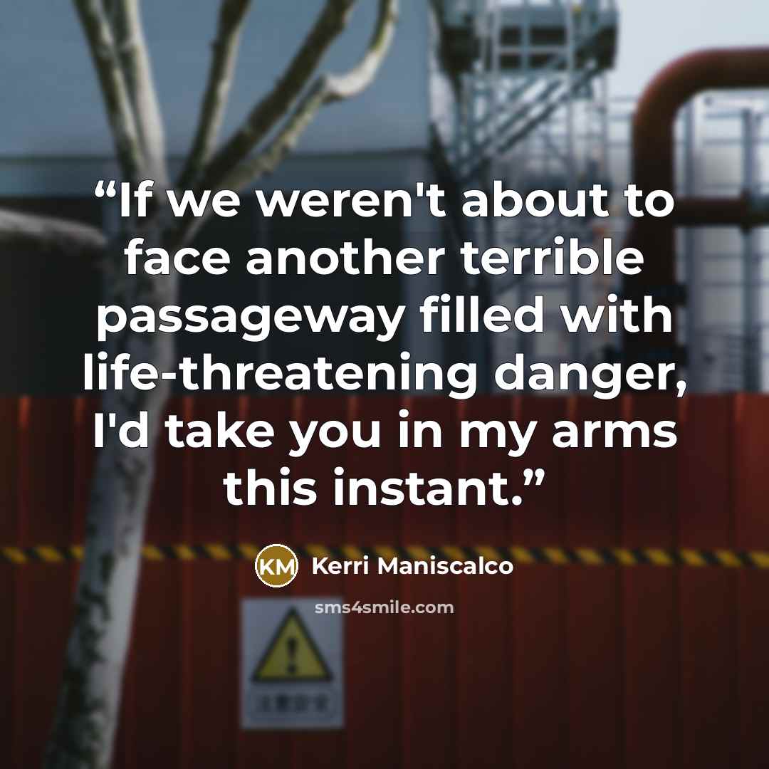 “If we weren't about to face another terrible passageway filled with life-threatening danger, I'd take you in my arms this instant.” quote by Kerri Maniscalco