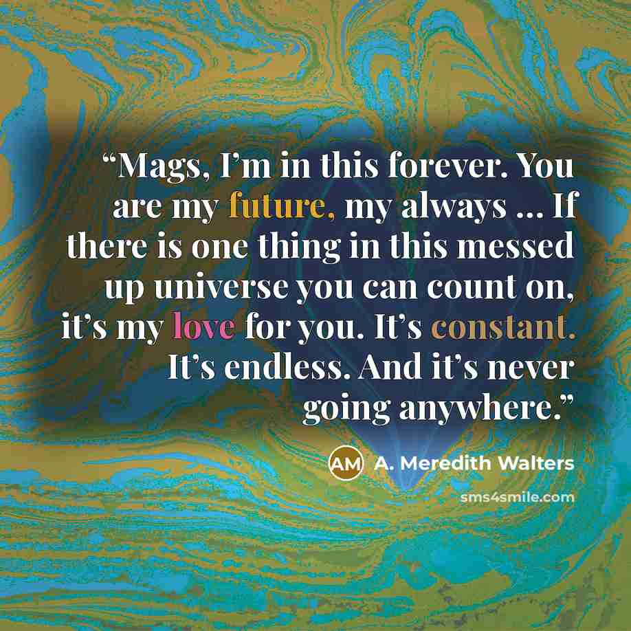“Mags, I’m in this forever. You are my future, my always … If there is one thing in this messed up universe you can count on, it’s my love for you. It’s constant. It’s endless. And it’s never going anywhere.” quote by A. Meredith Walters