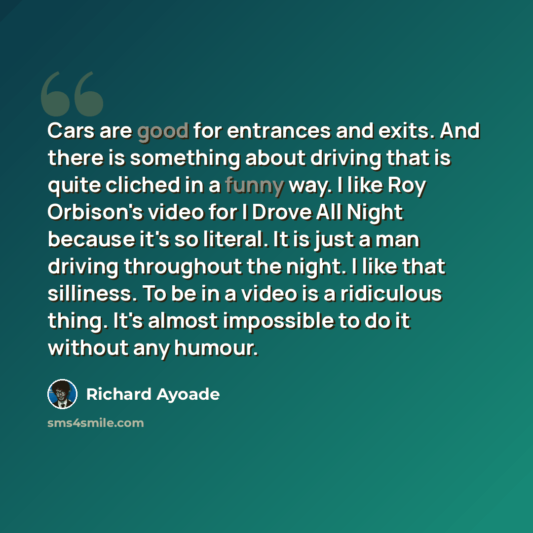 “Cars are good for entrances and exits. And there is something about driving that is quite cliched in a funny way. I like Roy Orbison's video for I Drove All Night because it's so literal. It is just a man driving throughout the night. I like that silliness. To be in a video is a ridiculous thing…” quote by Richard Ayoade