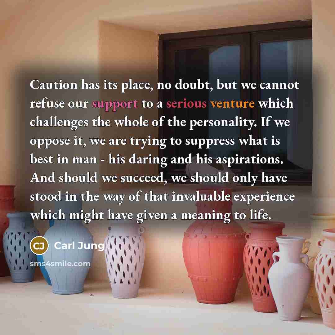 “Caution has its place, no doubt, but we cannot refuse our support to a serious venture which challenges the whole of the personality. If we oppose it, we are trying to suppress what is best in man - his daring and his aspirations. And should we succeed, we should only have stood in the way of that…” quote by Carl Jung