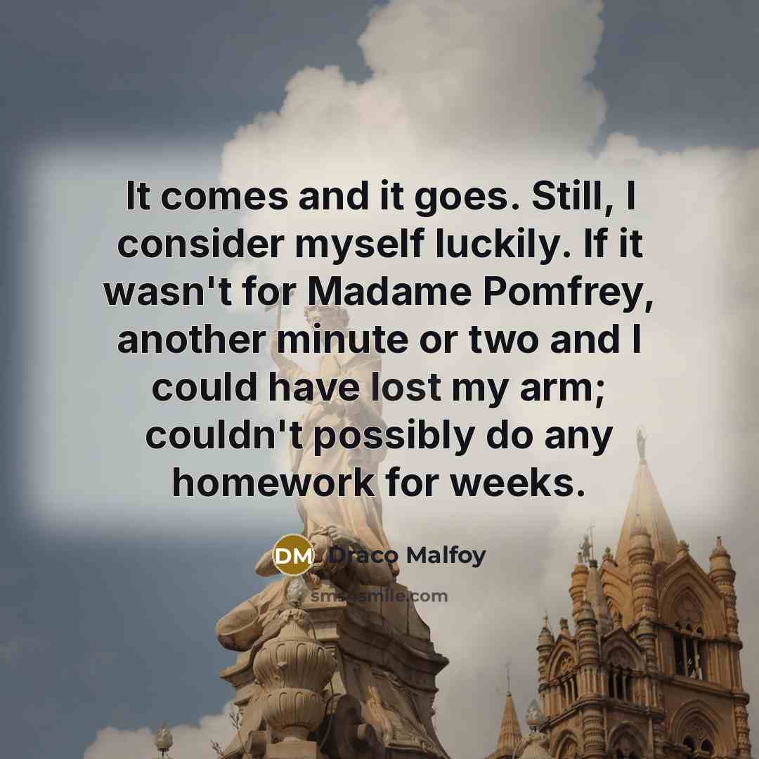“It comes and it goes. Still, I consider myself luckily. If it wasn't for Madame Pomfrey, another minute or two and I could have lost my arm; couldn't possibly do any homework for weeks.” quote by Draco Malfoy