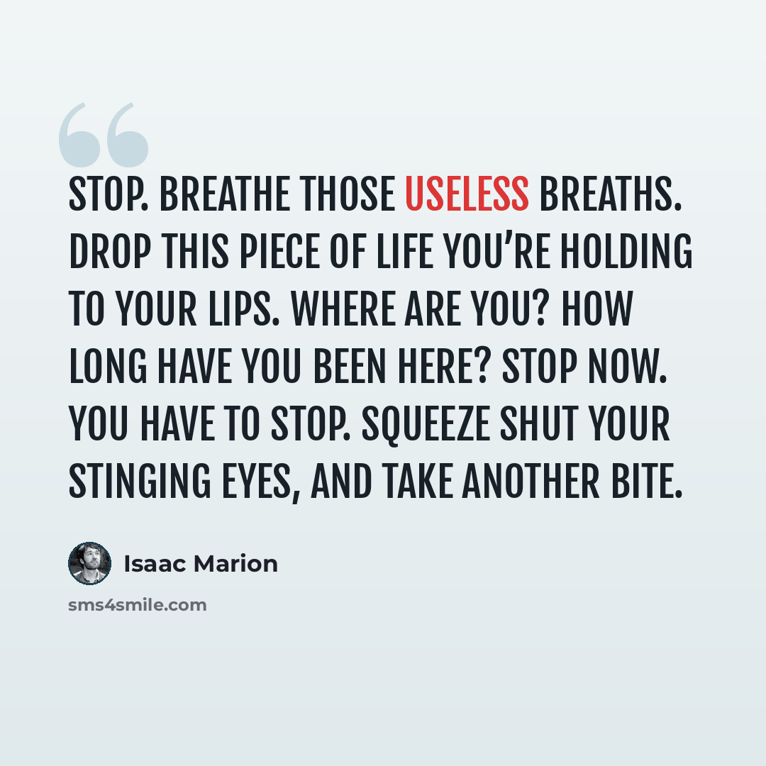 “Stop. Breathe those useless breaths. Drop this piece of life you’re holding to your lips. Where are you? How long have you been here? Stop now. You have to stop. Squeeze shut your stinging eyes, and take another bite.” quote by Isaac Marion