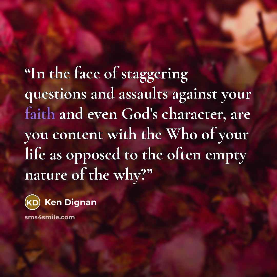 “In the face of staggering questions and assaults against your faith and even God's character, are you content with the Who of your life as opposed to the often empty nature of the why?” quote by Ken Dignan