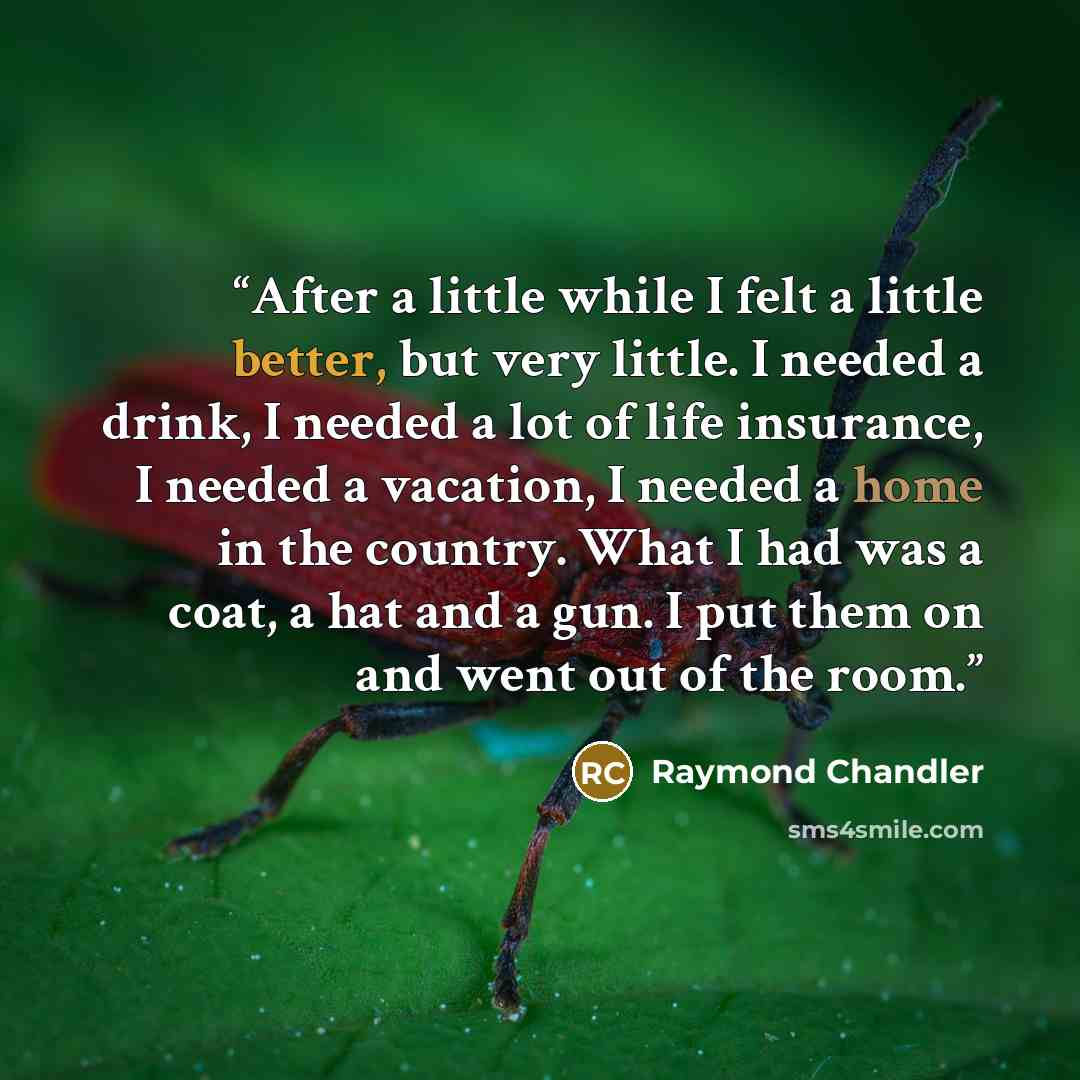 “After a little while I felt a little better, but very little. I needed a drink, I needed a lot of life insurance, I needed a vacation, I needed a home in the country. What I had was a coat, a hat and a gun. I put them on and went out of the room.” quote by Raymond Chandler