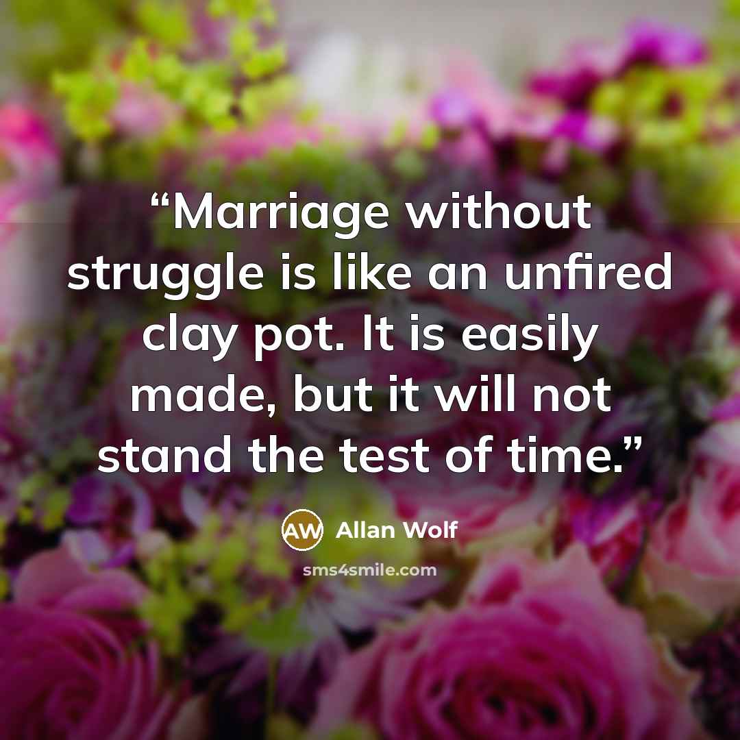 “Marriage without struggle is like an unfired clay pot. It is easily made, but it will not stand the test of time.” quote by Allan Wolf