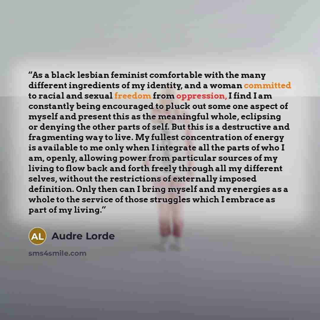“As a black lesbian feminist comfortable with the many different ingredients of my identity, and a woman committed to racial and sexual freedom from oppression, I find I am constantly being encouraged to pluck out some one aspect of myself and present this as the meaningful whole, eclipsing or…” quote by Audre Lorde