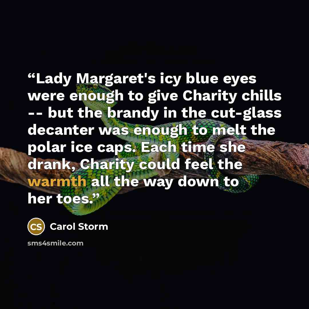 “Lady Margaret's icy blue eyes were enough to give Charity chills -- but the brandy in the cut-glass decanter was enough to melt the polar ice caps. Each time she drank, Charity could feel the warmth all the way down to her toes.” quote by Carol Storm