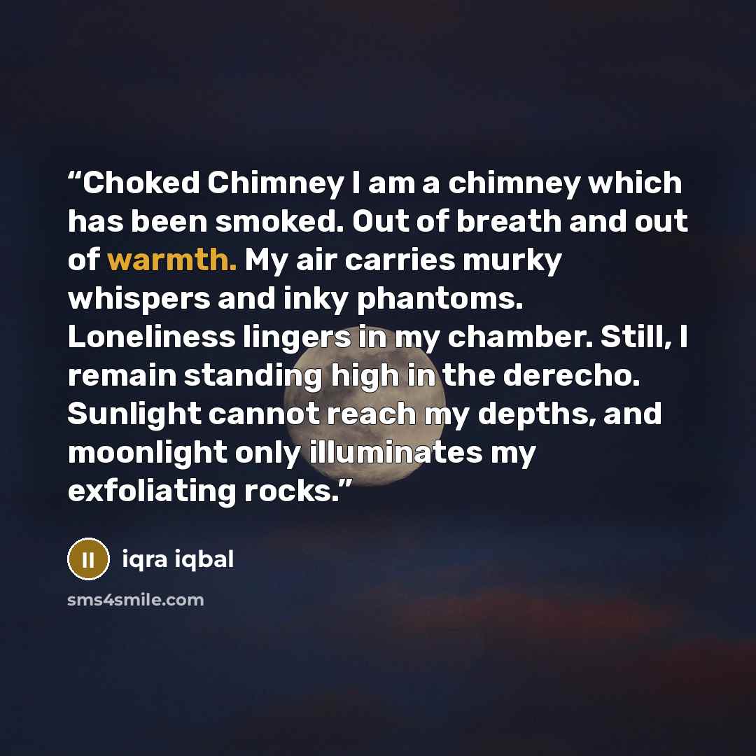 “Choked Chimney I am a chimney which has been smoked. Out of breath and out of warmth. My air carries murky whispers and inky phantoms. Loneliness lingers in my chamber. Still, I remain standing high in the derecho. Sunlight cannot reach my depths, and moonlight only illuminates my exfoliating rocks.” quote by Iqra Iqbal