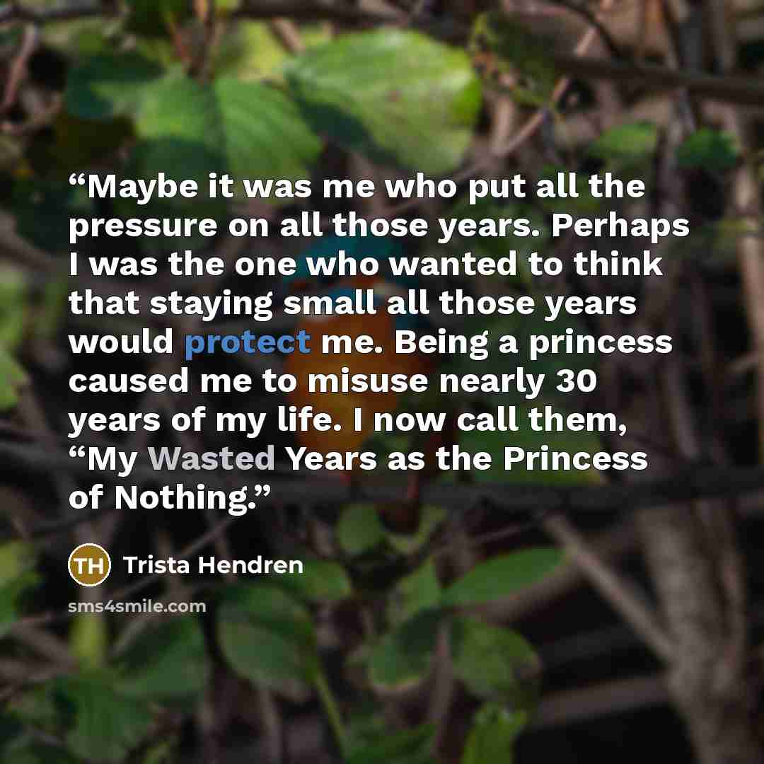 “Maybe it was me who put all the pressure on all those years. Perhaps I was the one who wanted to think that staying small all those years would protect me. Being a princess caused me to misuse nearly 30 years of my life. I now call them, “My Wasted Years as the Princess of Nothing.” quote by Trista Hendren