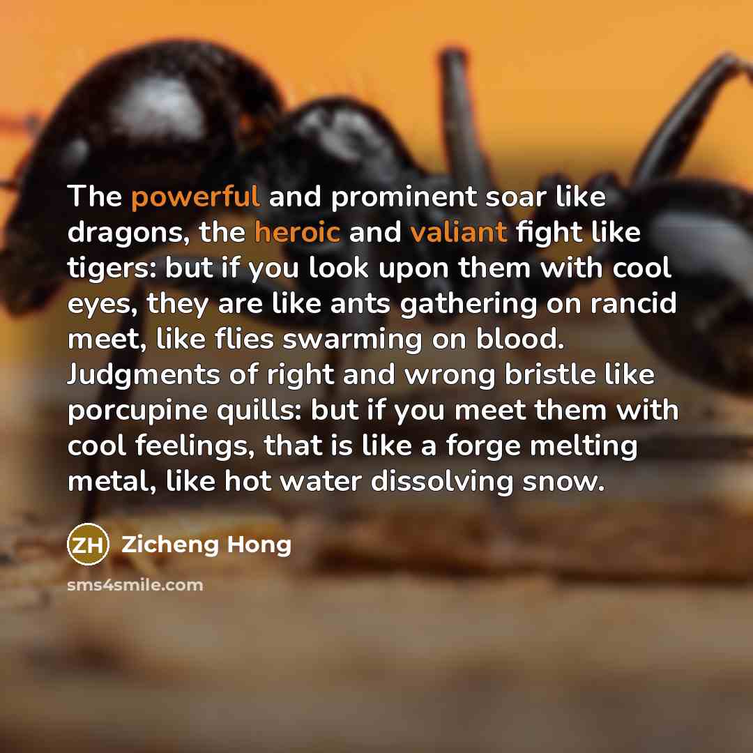 “The powerful and prominent soar like dragons, the heroic and valiant fight like tigers: but if you look upon them with cool eyes, they are like ants gathering on rancid meet, like flies swarming on blood. Judgments of right and wrong bristle like porcupine quills: but if you meet them with cool…” quote by Zicheng Hong
