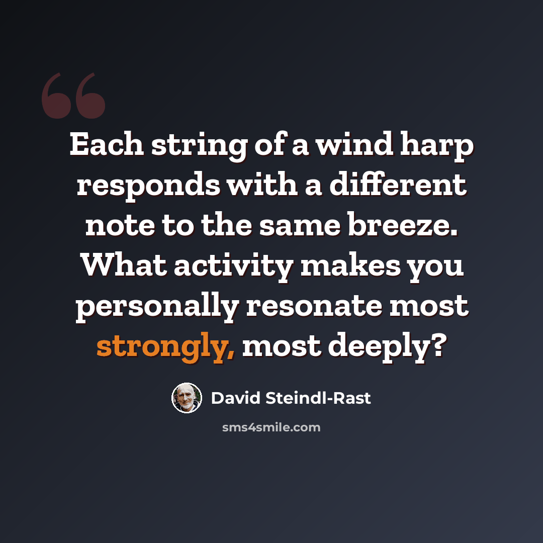 “Each string of a wind harp responds with a different note to the same breeze. What activity makes you personally resonate most strongly, most deeply?” quote by David Steindl-Rast