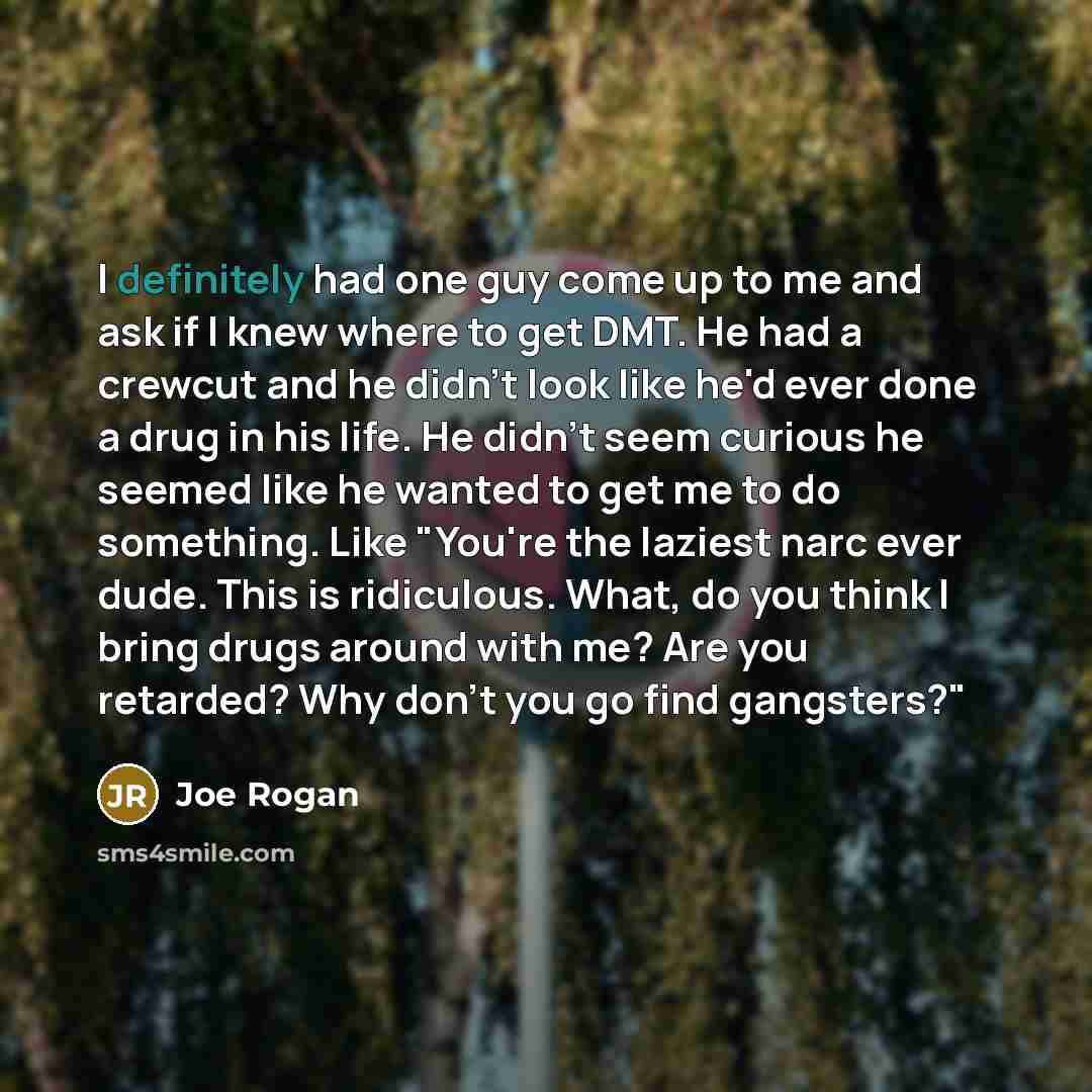 “I definitely had one guy come up to me and ask if I knew where to get DMT. He had a crewcut and he didn't look like he'd ever done a drug in his life. He didn't seem curious he seemed like he wanted to get me to do something. Like "You're the laziest narc ever dude. This is ridiculous. What, do…” quote by Joe Rogan