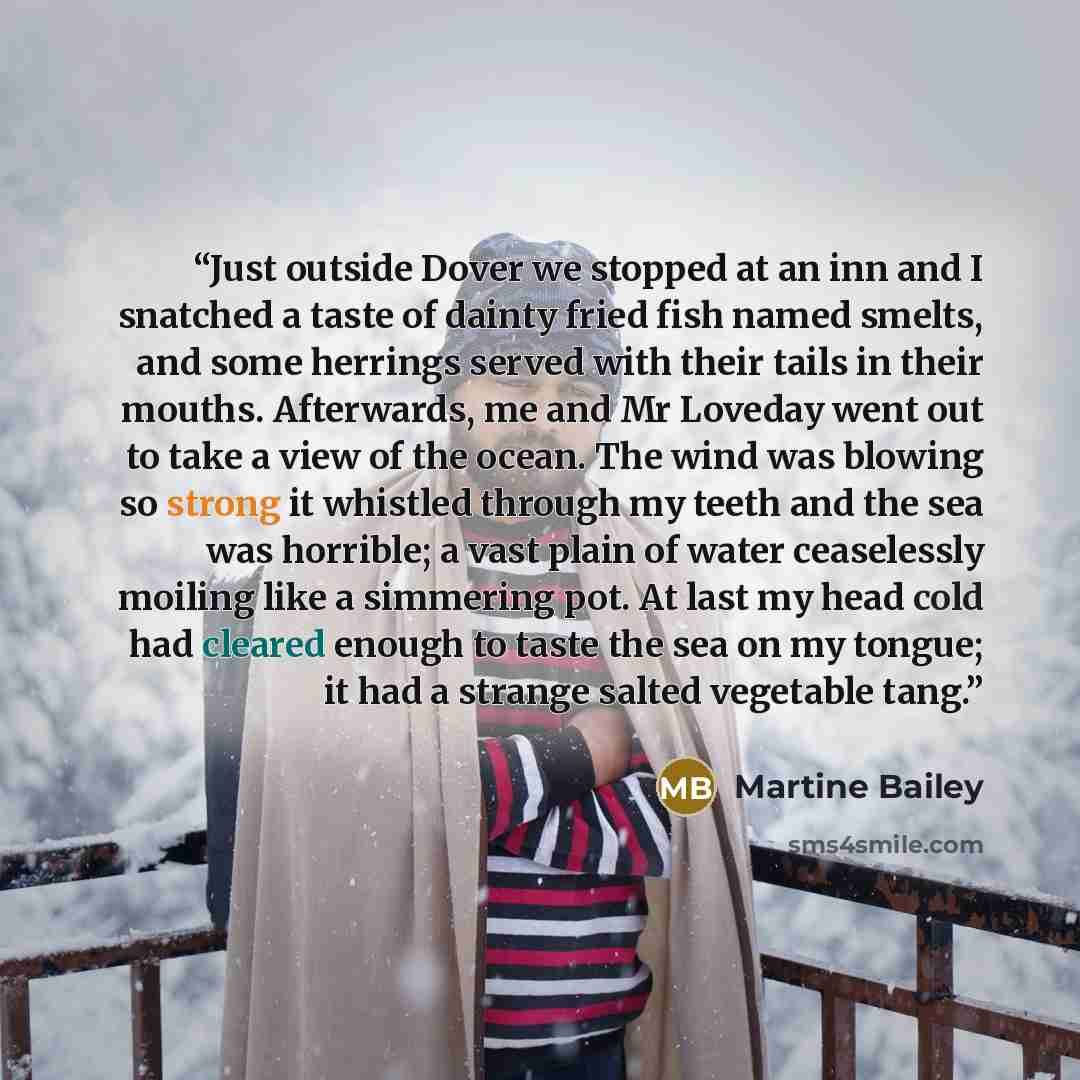 “Just outside Dover we stopped at an inn and I snatched a taste of dainty fried fish named smelts, and some herrings served with their tails in their mouths. Afterwards, me and Mr Loveday went out to take a view of the ocean. The wind was blowing so strong it whistled through my teeth and the sea…” quote by Martine Bailey