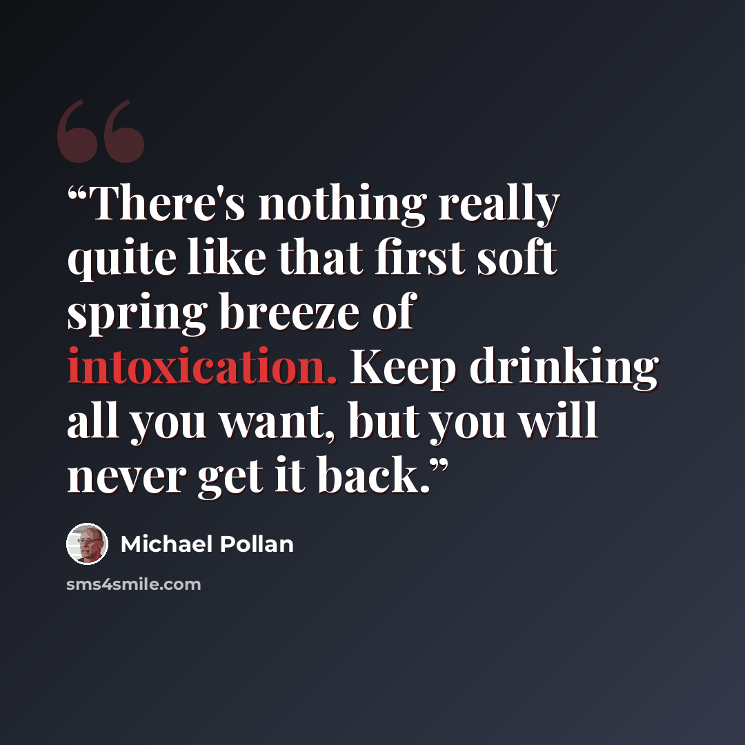 “There's nothing really quite like that first soft spring breeze of intoxication. Keep drinking all you want, but you will never get it back.” quote by Michael Pollan