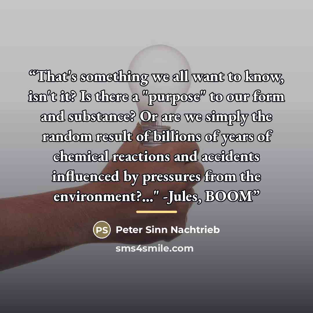 “That's something we all want to know, isn't it? Is there a "purpose" to our form and substance? Or are we simply the random result of billions of years of chemical reactions and accidents influenced by pressures from the environment?..." -Jules, BOOM” quote by Peter Sinn Nachtrieb