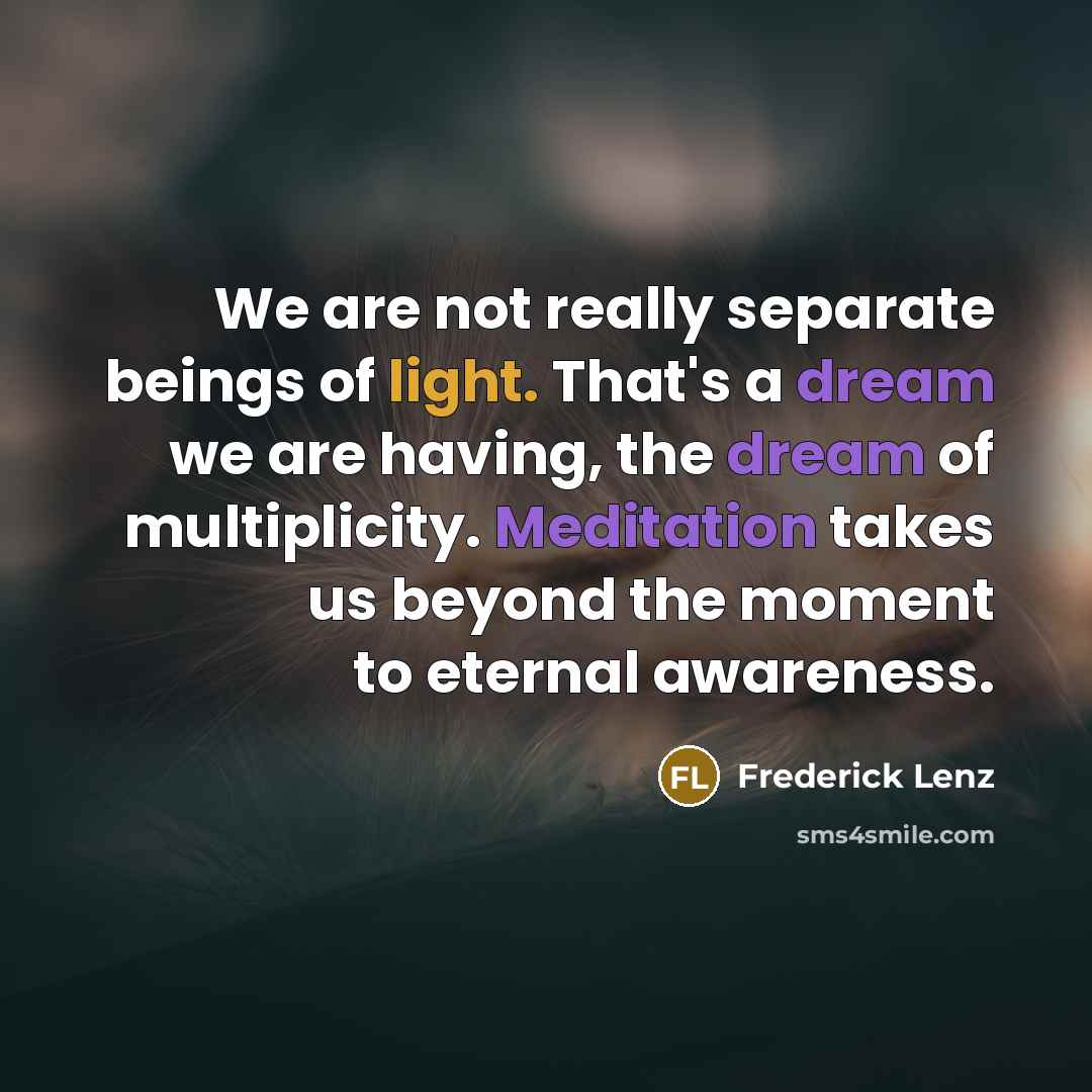 “We are not really separate beings of light. That's a dream we are having, the dream of multiplicity. Meditation takes us beyond the moment to eternal awareness.” quote by Frederick Lenz