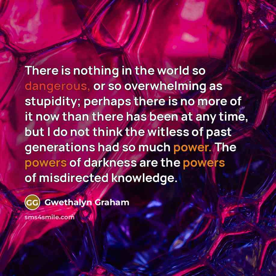 “There is nothing in the world so dangerous, or so overwhelming as stupidity; perhaps there is no more of it now than there has been at any time, but I do not think the witless of past generations had so much power. The powers of darkness are the powers of misdirected knowledge.” quote by Gwethalyn Graham
