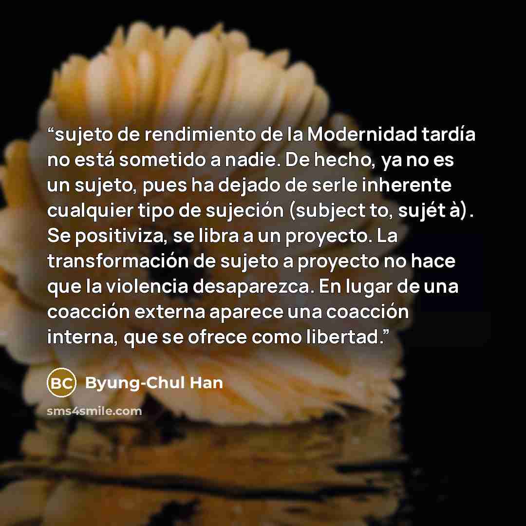 “sujeto de rendimiento de la Modernidad tardía no está sometido a nadie. De hecho, ya no es un sujeto, pues ha dejado de serle inherente cualquier tipo de sujeción (subject to, sujét à). Se positiviza, se libra a un proyecto. La transformación de sujeto a proyecto no hace que la violencia…” quote by Byung-Chul Han