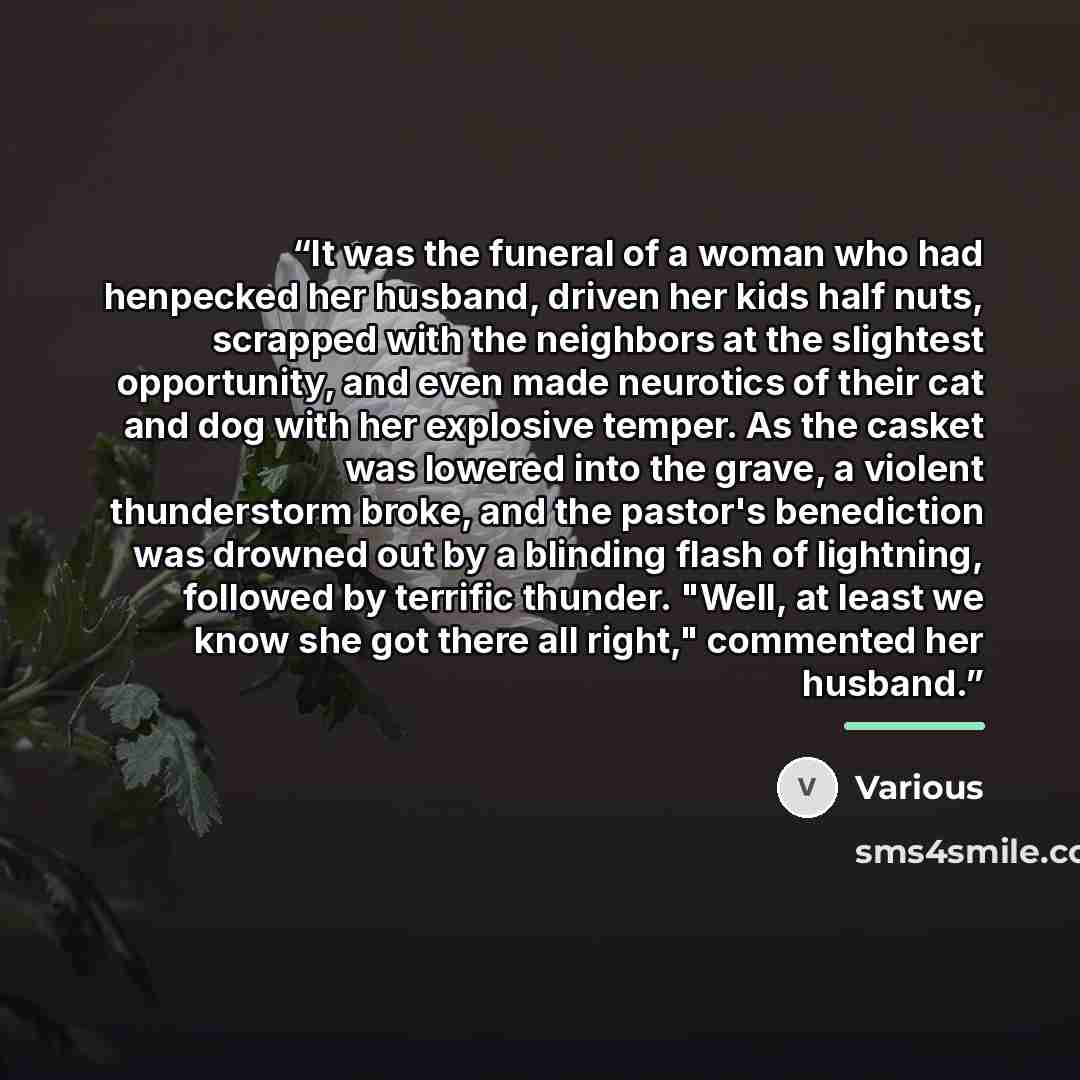 “It was the funeral of a woman who had henpecked her husband, driven her kids half nuts, scrapped with the neighbors at the slightest opportunity, and even made neurotics of their cat and dog with her explosive temper. As the casket was lowered into the grave, a violent thunderstorm broke, and the…” quote by Various