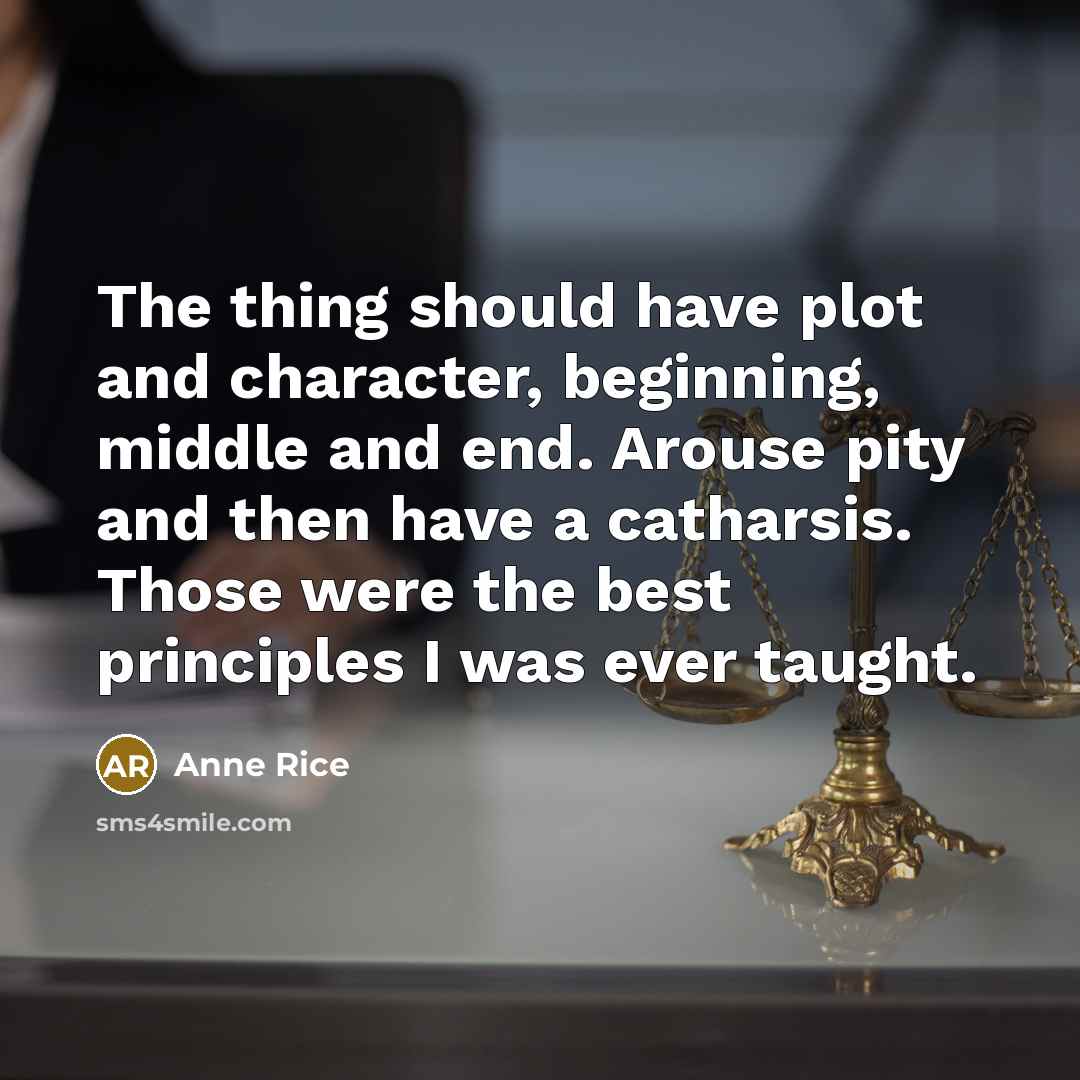 “The thing should have plot and character, beginning, middle and end. Arouse pity and then have a catharsis. Those were the best principles I was ever taught.” quote by Anne Rice