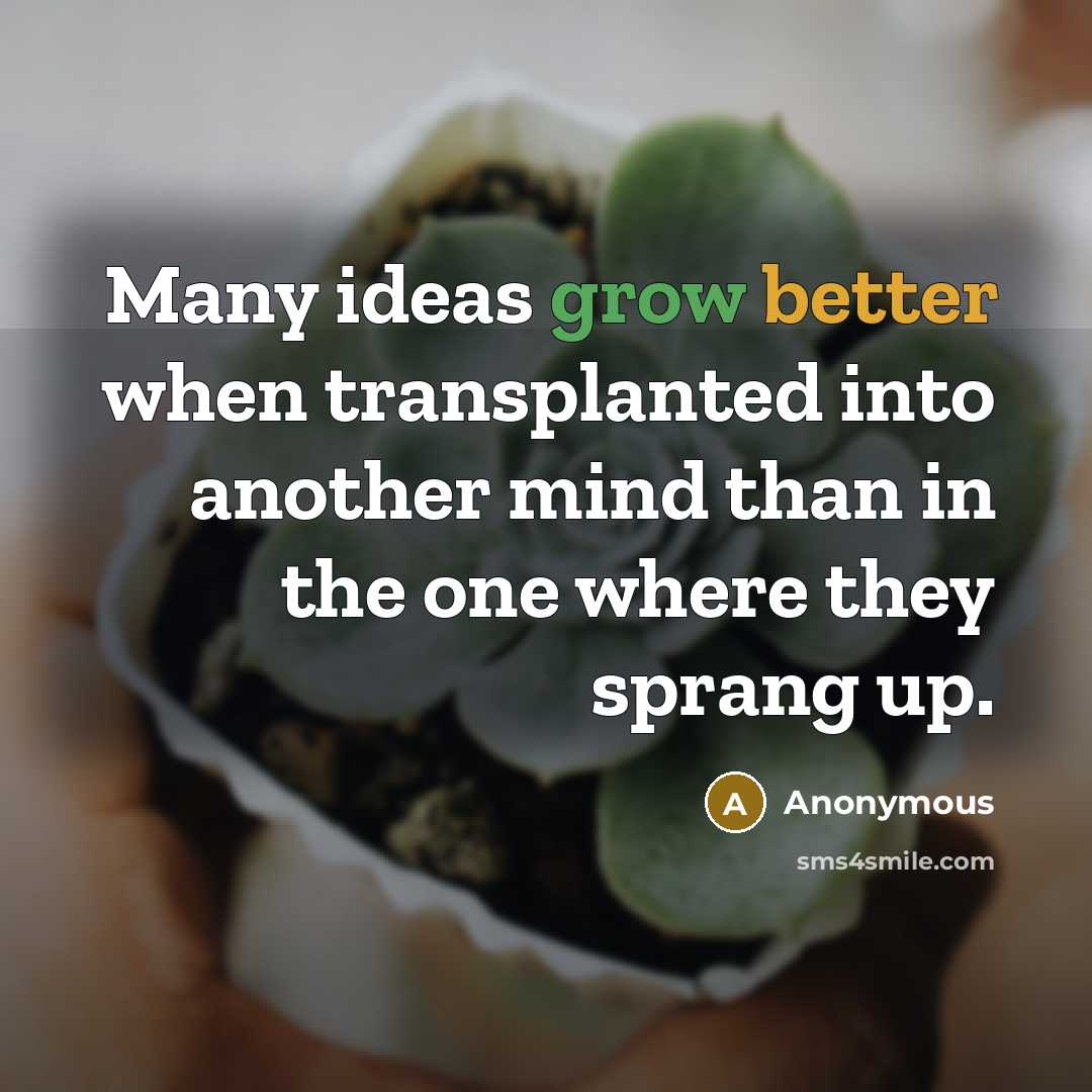 “Many ideas grow better when transplanted into another mind than in the one where they sprang up.” quote by Anonymous