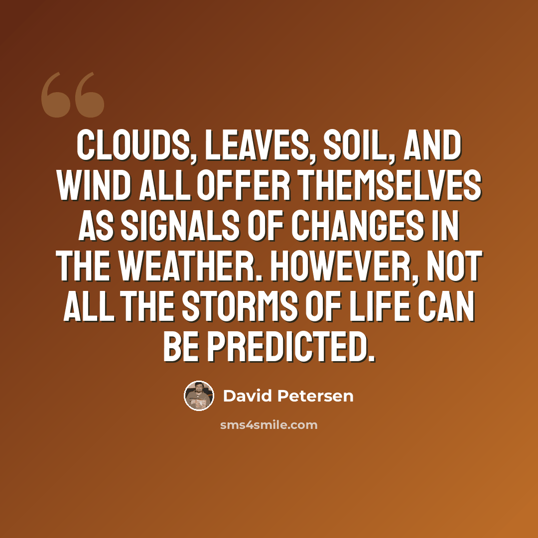 “Clouds, leaves, soil, and wind all offer themselves as signals of changes in the weather. However, not all the storms of life can be predicted.” quote by David Petersen