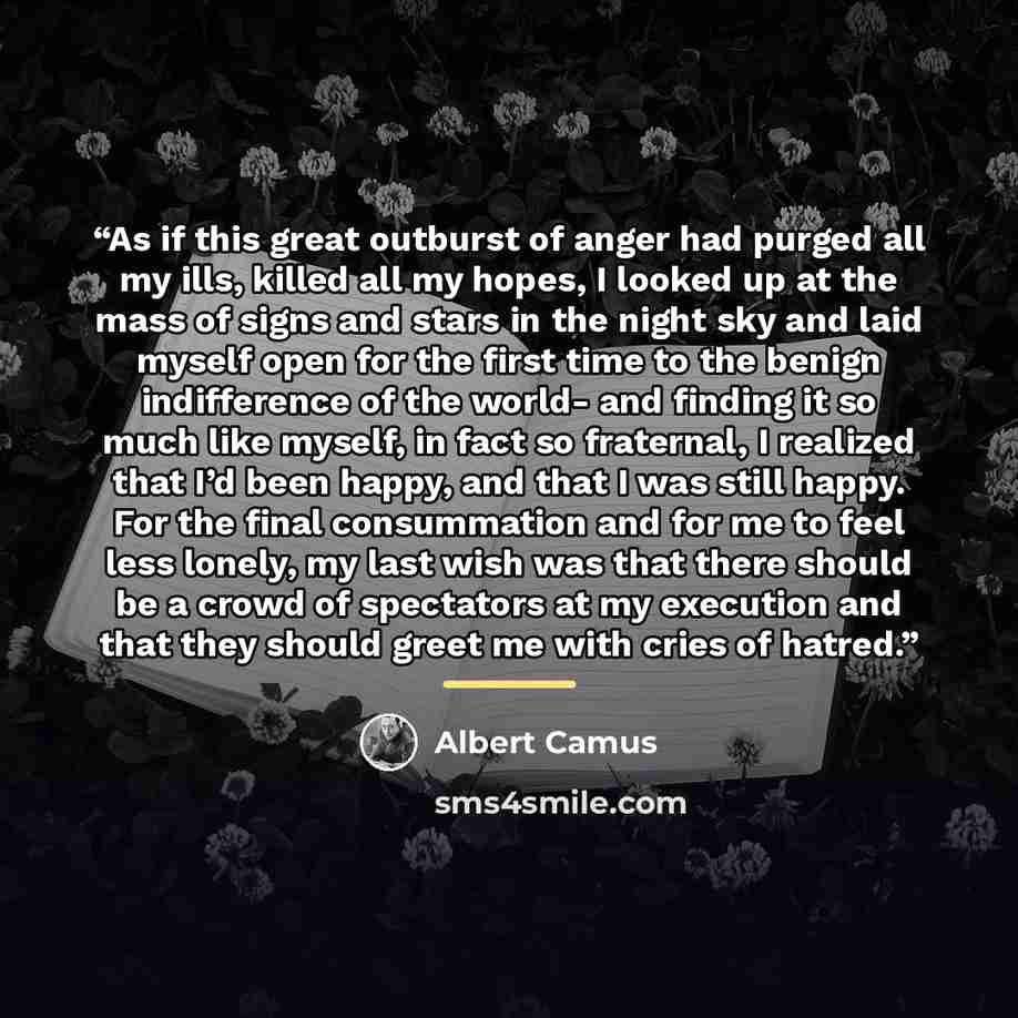 “As if this great outburst of anger had purged all my ills, killed all my hopes, I looked up at the mass of signs and stars in the night sky and laid myself open for the first time to the benign indifference of the world- and finding it so much like myself, in fact so fraternal, I realized that I’d…” quote by Albert Camus