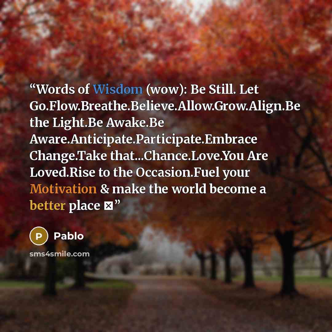 “Words of Wisdom (wow): Be Still. Let Go.Flow.Breathe.Believe.Allow.Grow.Align.Be the Light.Be Awake.Be Aware.Anticipate.Participate.Embrace Change.Take that...Chance.Love.You Are Loved.Rise to the Occasion.Fuel your Motivation & make the world become a better place ☯” quote by Pablo