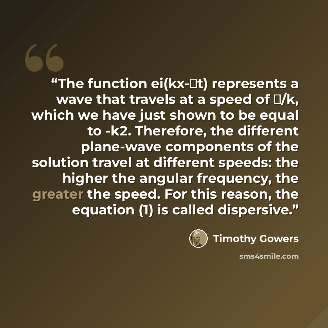 “The function ei(kx-ωt) represents a wave that travels at a speed of ω/k, which we have just shown to be equal to -k2. Therefore, the different plane-wave components of the solution travel at different speeds: the higher the angular frequency, the greater the speed. For this reason, the equation…” quote by Timothy Gowers