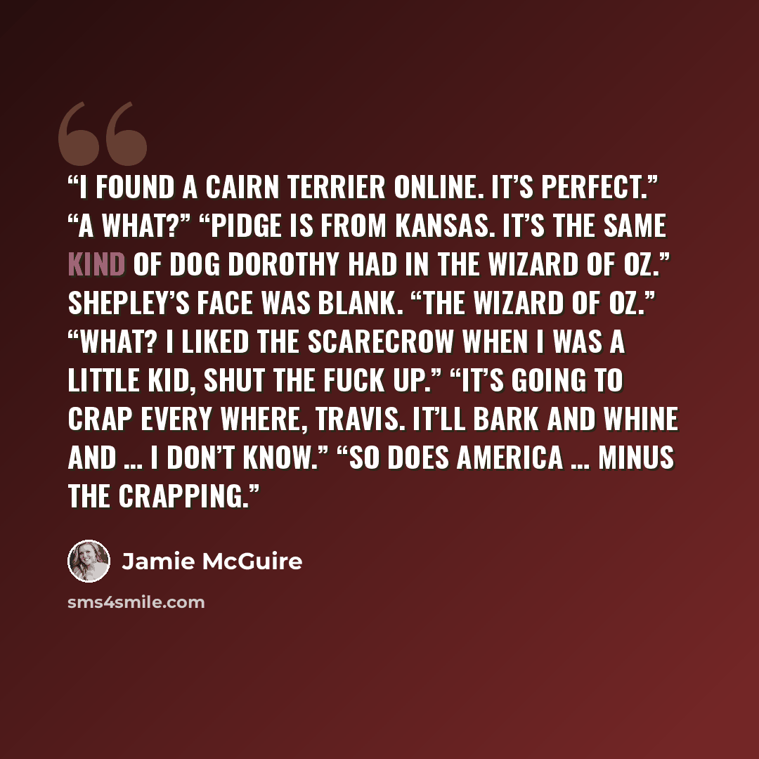 “I found a Cairn Terrier online. It’s perfect.” “A what?” “Pidge is from Kansas. It’s the same kind of dog Dorothy had in the Wizard of Oz.” Shepley’s face was blank. “The Wizard of Oz.” “What? I liked the scarecrow when I was a little kid, shut the fuck up.” “It’s going to crap every where…” quote by Jamie McGuire