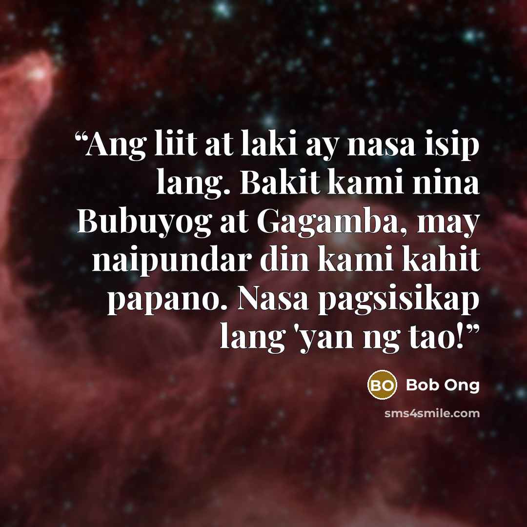 “Ang liit at laki ay nasa isip lang. Bakit kami nina Bubuyog at Gagamba, may naipundar din kami kahit papano. Nasa pagsisikap lang 'yan ng tao!” quote by Bob Ong
