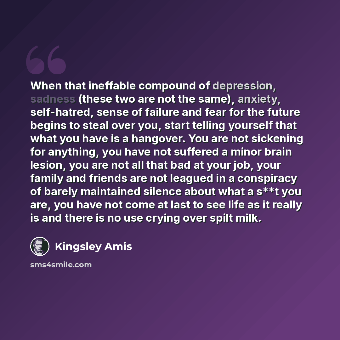 “When that ineffable compound of depression, sadness (these two are not the same), anxiety, self-hatred, sense of failure and fear for the future begins to steal over you, start telling yourself that what you have is a hangover. You are not sickening for anything, you have not suffered a minor…” quote by Kingsley Amis
