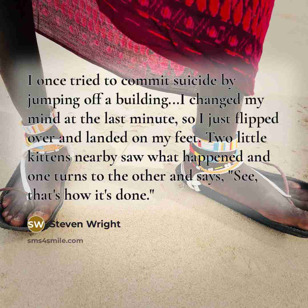 “I once tried to commit suicide by jumping off a building...I changed my mind at the last minute, so I just flipped over and landed on my feet. Two little kittens nearby saw what happened and one turns to the other and says, "See, that's how it's done."” quote by Steven Wright