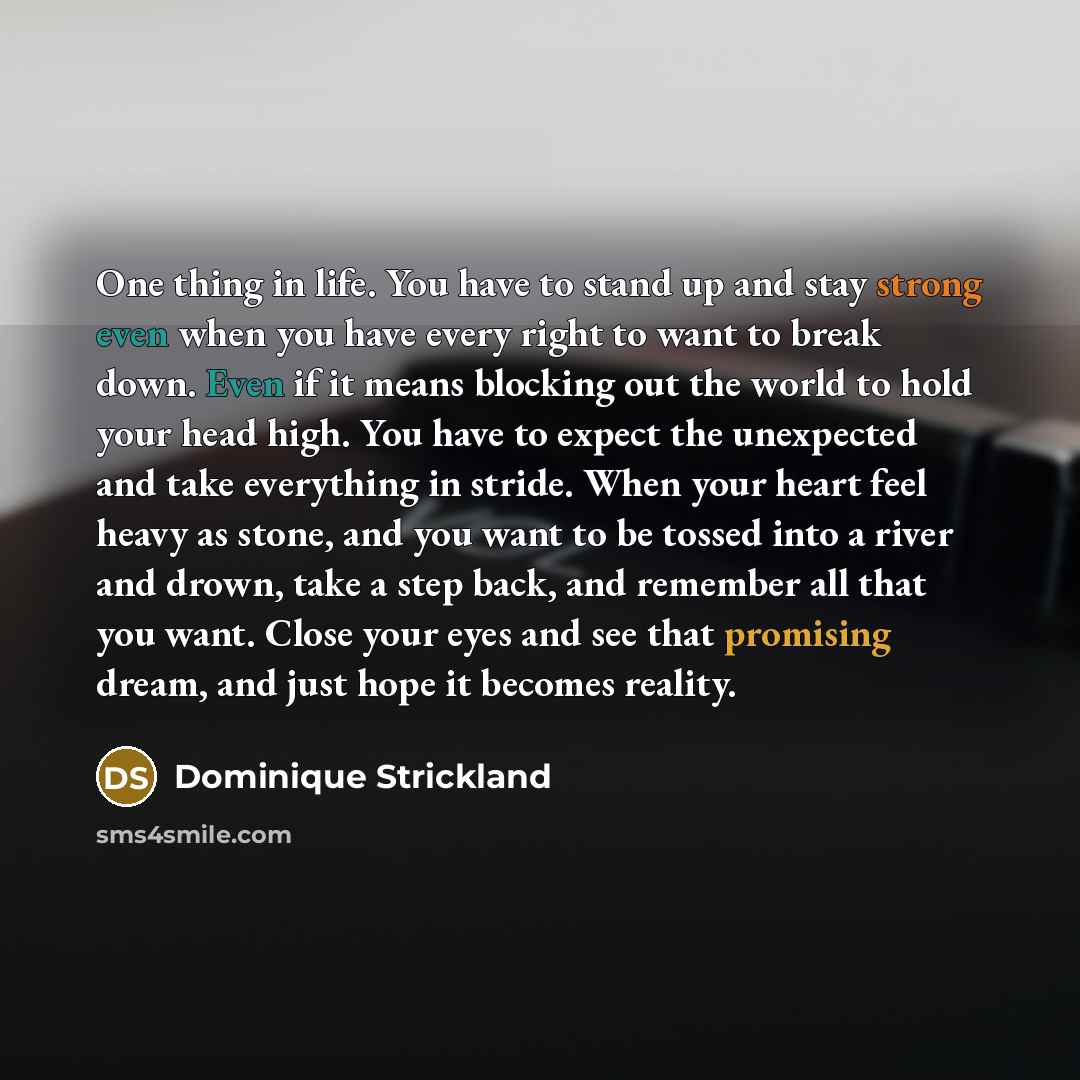 “One thing in life. You have to stand up and stay strong even when you have every right to want to break down. Even if it means blocking out the world to hold your head high. You have to expect the unexpected and take everything in stride. When your heart feel heavy as stone, and you want to be…” quote by Dominique Strickland