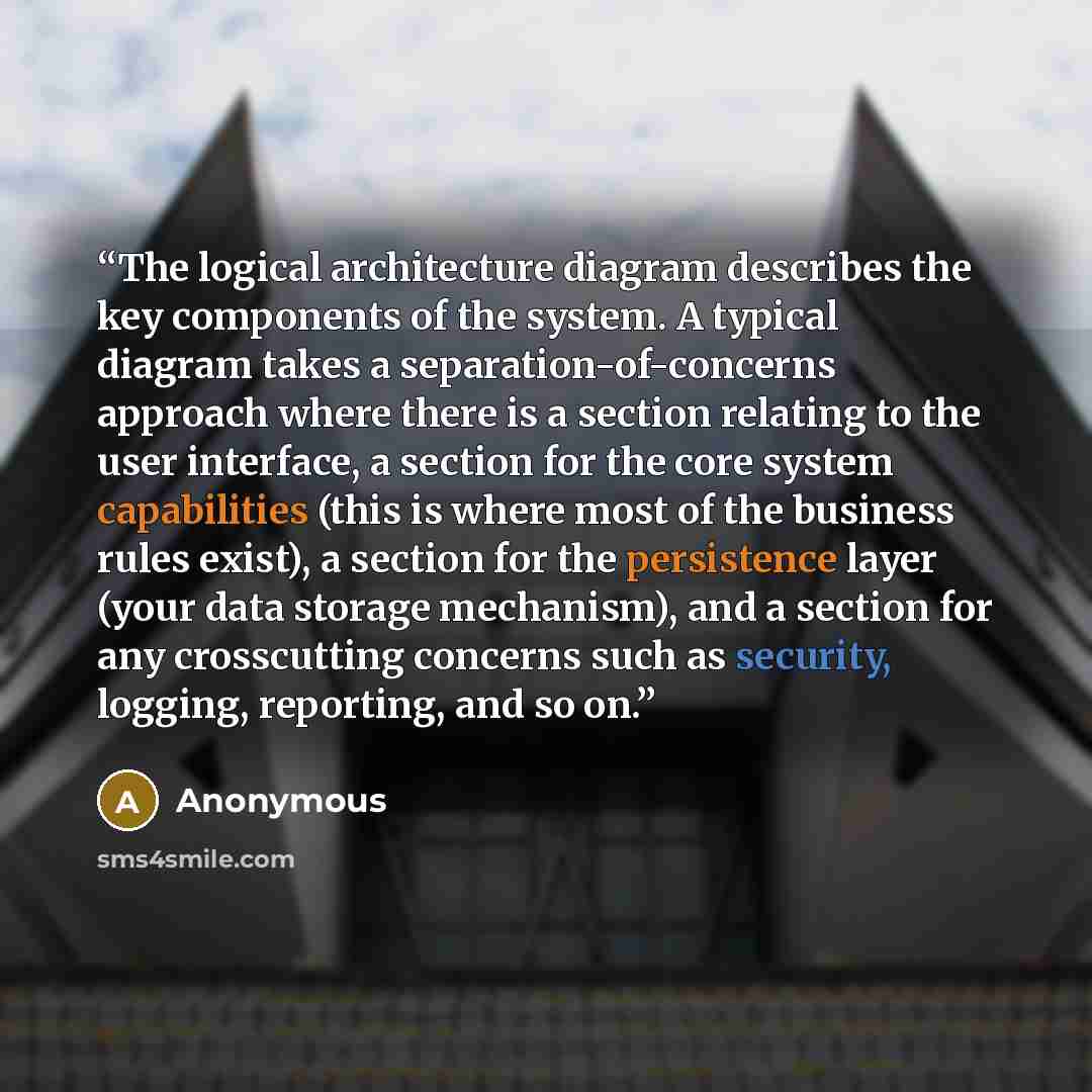 “The logical architecture diagram describes the key components of the system. A typical diagram takes a separation-of-concerns approach where there is a section relating to the user interface, a section for the core system capabilities (this is where most of the business rules exist), a section for…” quote by Anonymous