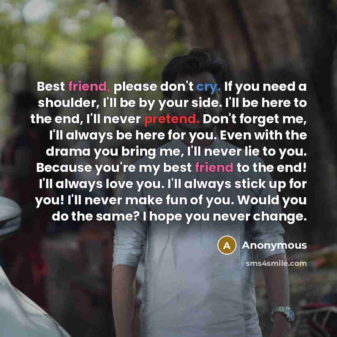 “Best friend, please don't cry. If you need a shoulder, I'll be by your side. I'll be here to the end, I'll never pretend. Don't forget me, I'll always be here for you. Even with the drama you bring me, I'll never lie to you. Because you're my best friend to the end! I'll always love you. I'll…” quote by Anonymous