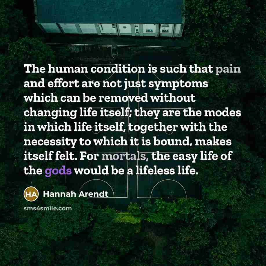 “The human condition is such that pain and effort are not just symptoms which can be removed without changing life itself; they are the modes in which life itself, together with the necessity to which it is bound, makes itself felt. For mortals, the easy life of the gods would be a lifeless life.” quote by Hannah Arendt
