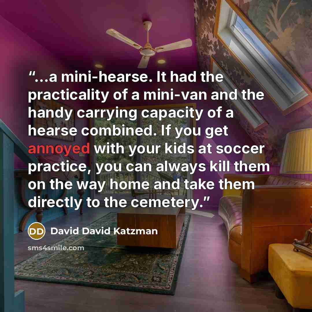 “...a mini-hearse. It had the practicality of a mini-van and the handy carrying capacity of a hearse combined. If you get annoyed with your kids at soccer practice, you can always kill them on the way home and take them directly to the cemetery.” quote by David David Katzman