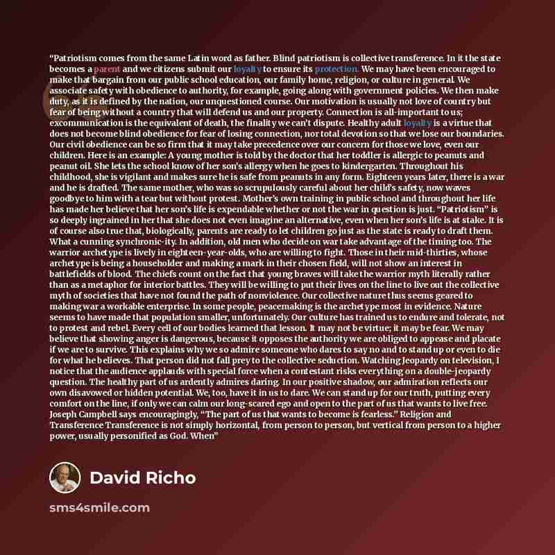“Patriotism comes from the same Latin word as father. Blind patriotism is collective transference. In it the state becomes a parent and we citizens submit our loyalty to ensure its protection. We may have been encouraged to make that bargain from our public school education, our family home…” quote by David Richo
