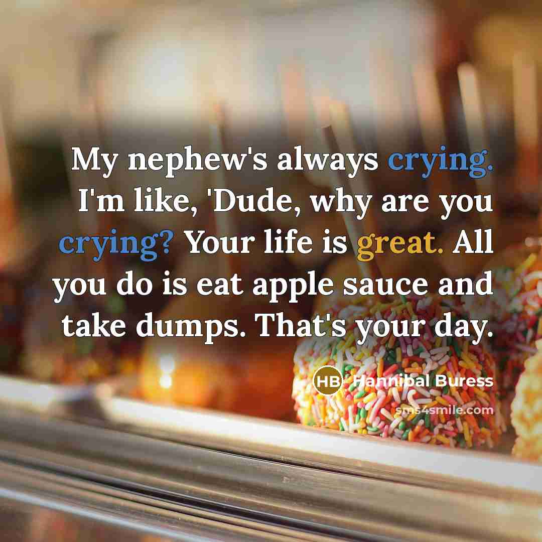 “My nephew's always crying. I'm like, 'Dude, why are you crying? Your life is great. All you do is eat apple sauce and take dumps. That's your day.” quote by Hannibal Buress