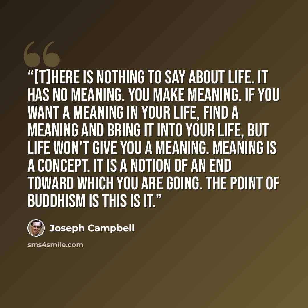 “[T]here is nothing to say about life. It has no meaning. You make meaning. If you want a meaning in your life, find a meaning and bring it into your life, but life won't give you a meaning. Meaning is a concept. It is a notion of an end toward which you are going. The point of Buddhism is This Is…” quote by Joseph Campbell
