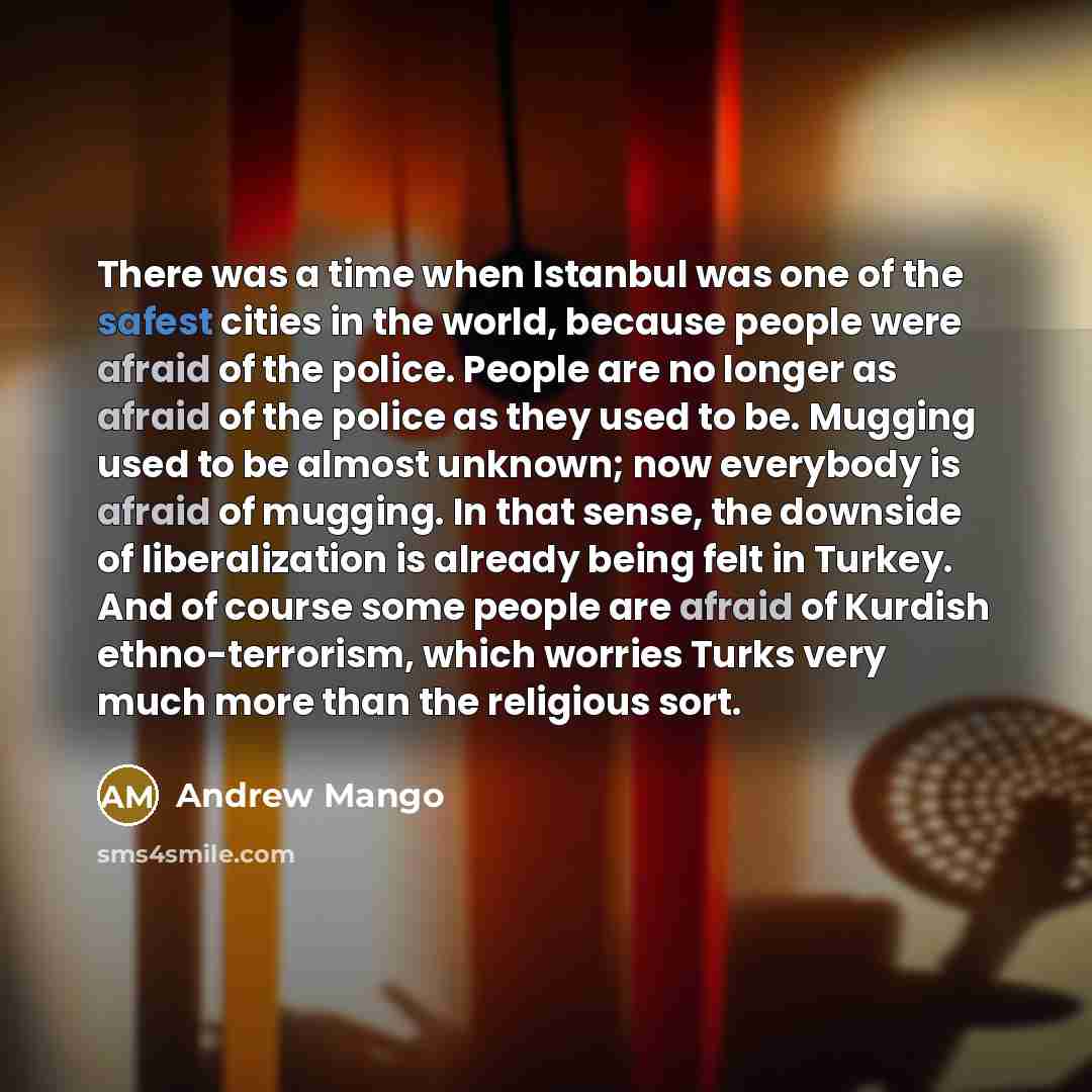 “There was a time when Istanbul was one of the safest cities in the world, because people were afraid of the police. People are no longer as afraid of the police as they used to be. Mugging used to be almost unknown; now everybody is afraid of mugging. In that sense, the downside of liberalization…” quote by Andrew Mango