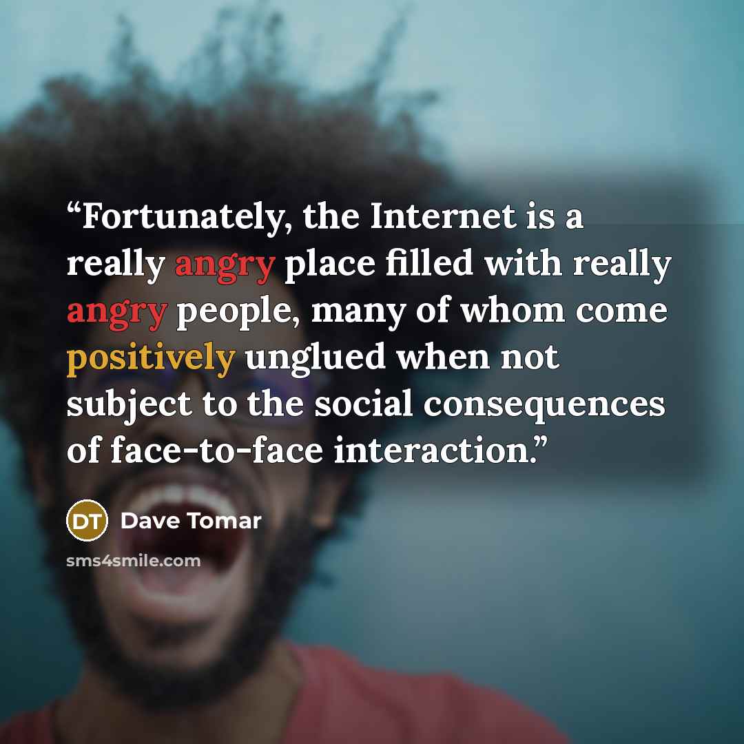 “Fortunately, the Internet is a really angry place filled with really angry people, many of whom come positively unglued when not subject to the social consequences of face-to-face interaction.” quote by Dave Tomar