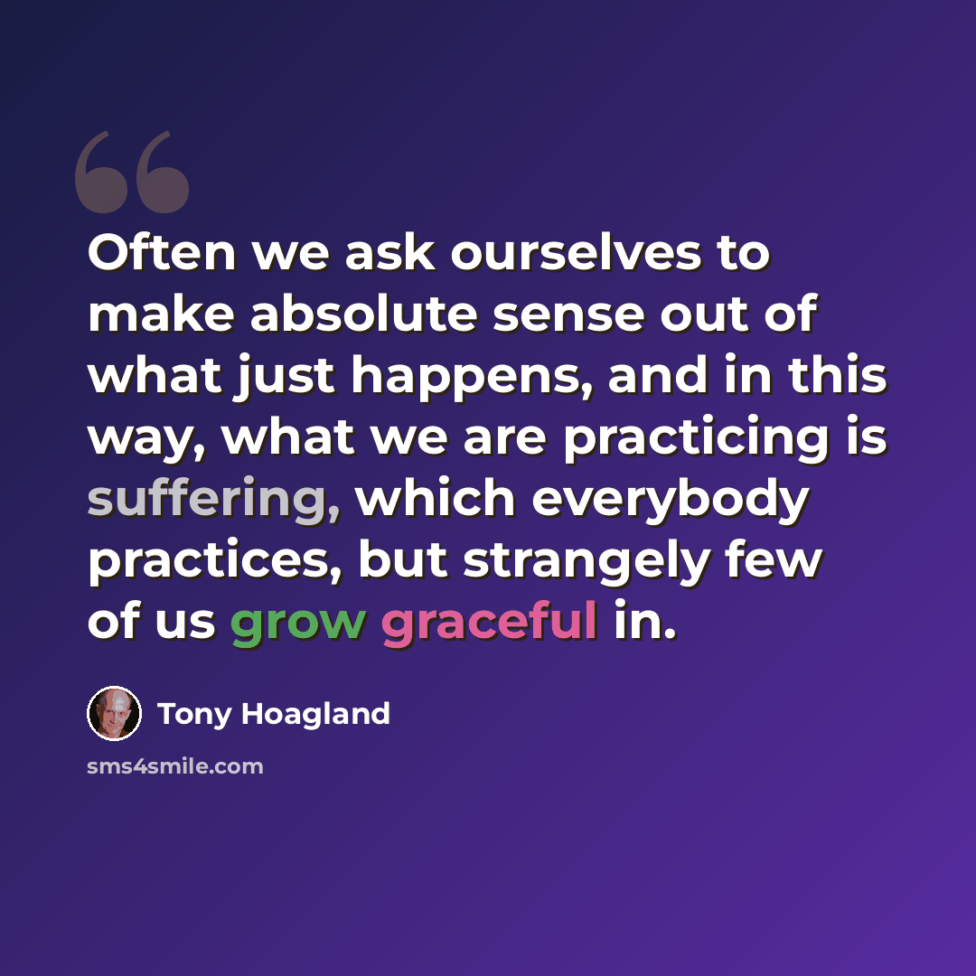 “Often we ask ourselves to make absolute sense out of what just happens, and in this way, what we are practicing is suffering, which everybody practices, but strangely few of us grow graceful in.” quote by Tony Hoagland