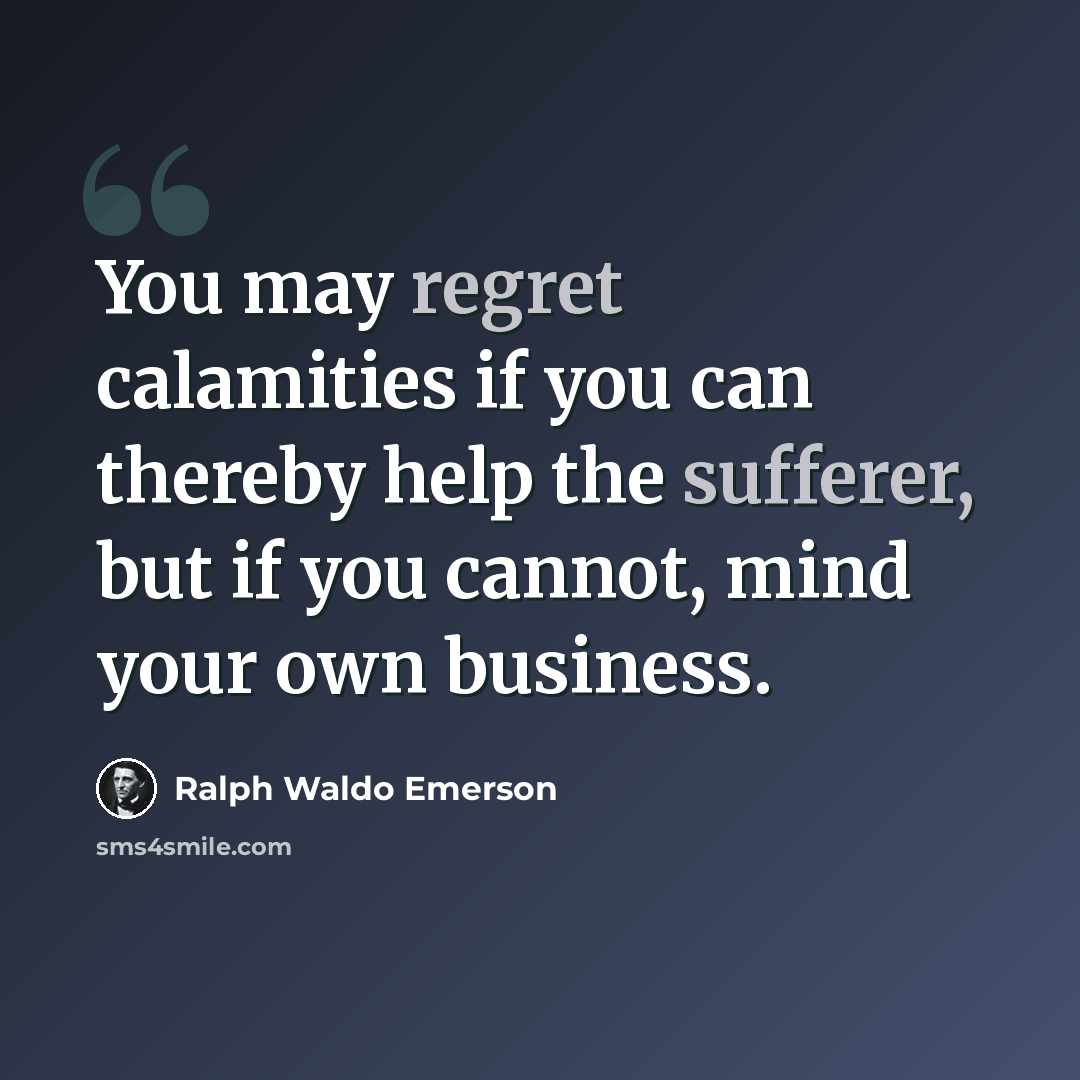 “You may regret calamities if you can thereby help the sufferer, but if you cannot, mind your own business.” quote by Ralph Waldo Emerson