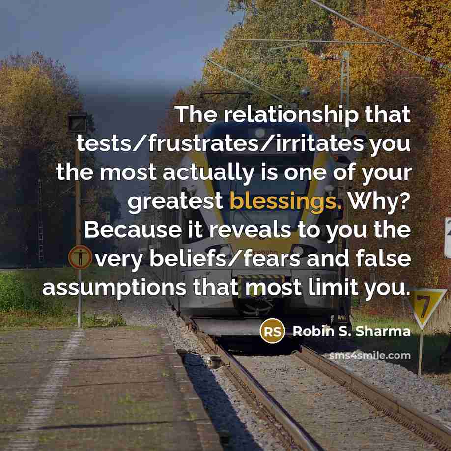 “The relationship that tests/frustrates/irritates you the most actually is one of your greatest blessings. Why? Because it reveals to you the very beliefs/fears and false assumptions that most limit you.” quote by Robin S. Sharma
